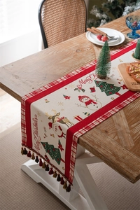 Detailed Christmas table runner featuring jacquard plaid, reindeer, and snowman motifs