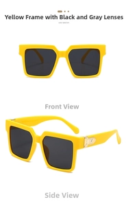 Detail of yellow square sunglasses with dark lenses and gold M-logo metal hinge