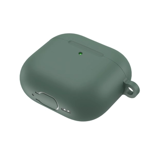Detail view of dark green silicone case for AirPods 4 with precise cutouts and side ring