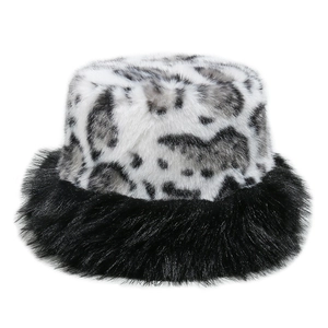 Detailed view of plush leopard print faux fur bucket hat with thick warm texture
