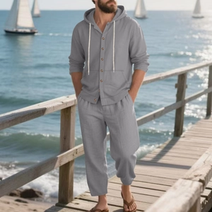Men's grey linen blend casual beach suit featuring a buttoned hooded top and matching trousers