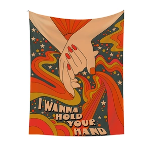 Detail of retro pop art tapestry showing two hands clasping with vivid fluid lines