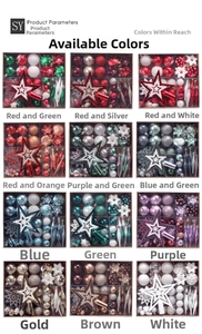 Grid view of 12 colorful Christmas ball ornament sets with star toppers in window boxes