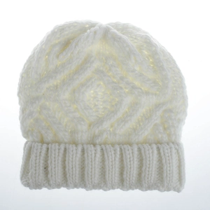 Detailed view of white cable knit beanie showing thick diamond patterns and ribbed edges