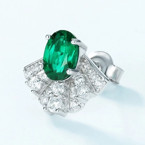 Elegant S925 silver fan-shaped emerald earrings with dazzling pave-set zircon stones