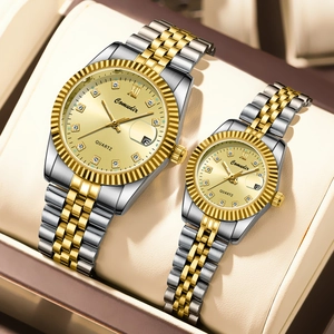Luxury Couple Quartz Watch Bicolor Alloy Strap Luminous Date Calendar Waterproof Rhinestone Dial Business Wristwatch