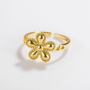 Detail showing the S925 hallmark on a gold-plated adjustable five-petal flower ring