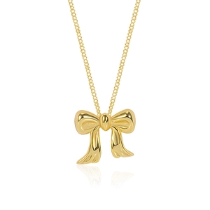 Elegant gold bow pendant necklace with slim cross chain on high-quality white background