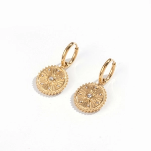 Elegant gold hoop earrings with starburst round pendant and white zircon stones