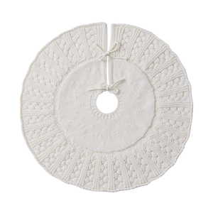 Cream white knitted Christmas tree skirt with woven texture and bow-tie ribbon design