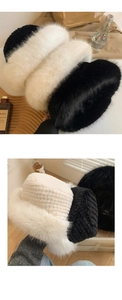 Detail of plush faux fur fisherman hats in black and white with thick textured finish