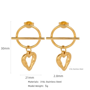 Golden 316L stainless steel French style heart double-hoop earrings 30x21mm size
