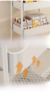 Detail view of the multi-layer kitchen cart showing high spacing and breathable mesh basket