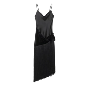 Cowl Neck Midi Dress Black Satin Velvet Patchwork Spaghetti Strap Fringe Tassel Elegant Party Evening Slit Hem For Women