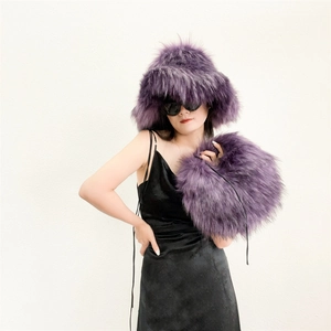 Close-up of fluffy purple faux fur texture on y2k style hat and matching hand muffler