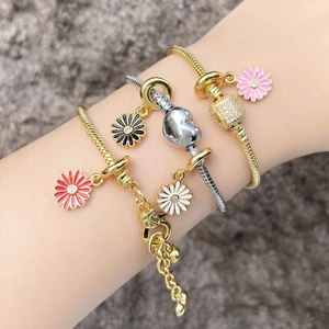 Copper 18K Gold Plated Snake Chain Bracelet Enamel Daisy Flower Heart Zircon Charm DIY Jewelry For Women