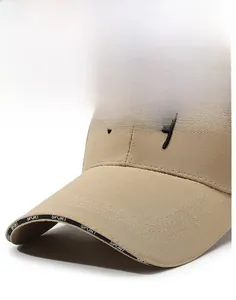 Close-up of khaki baseball cap featuring SPORT ribbon trim and premium embroidered text