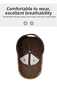 Detail of the six-panel structure and breathable eyelets on a washed cotton baseball cap