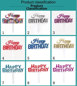 Nine-grid display showing various colors and metallic finishes of Happy Birthday cake toppers