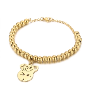 Stainless Steel Bead Bracelet With Cute Hollow Pig Pendant Gold Plated Adjustable Fashion Jewelry Gift For Women