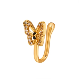 Gold U-shaped butterfly faux nose ring with sparkling diamonds and black crystals