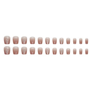 Pink gradient press-on nails set with butterfly patterns, 24 pieces square round shape