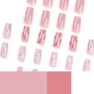 Pink press-on nails with marble texture and glitter design in a long square shape