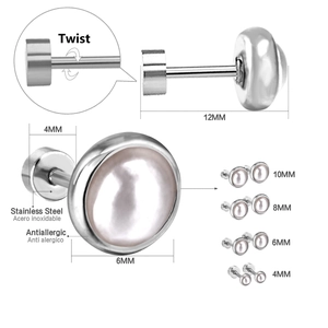 Detail showing multi-size pearl earrings with twist screw backs in stainless steel