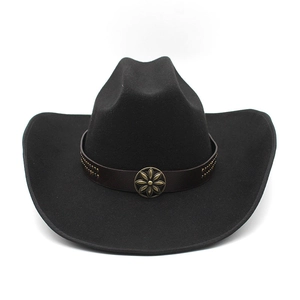Classic black western cowboy wool felt hat with vintage metal buckle and leather band