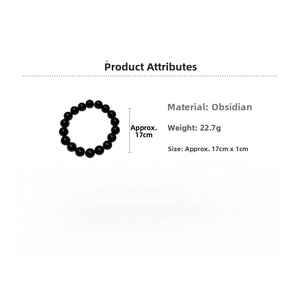 Detailed specs of the black obsidian bead bracelet showing 10mm bead size and 22.7g weight