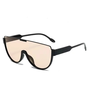 Oversized black shield aviator sunglasses with light champagne lenses for a trendy look