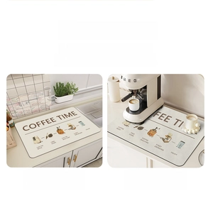 Detail showing the absorbent coffee machine mat with artistic hand-drawn coffee illustrations