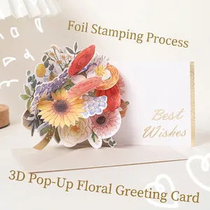 3D Pop Up Flower Bouquet Greeting Card With Envelope Gold Foil Best Wishes Paper Craft For Birthday Valentine Day
