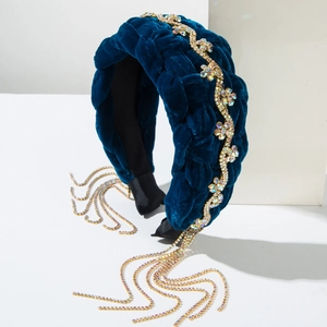 Navy velvet braided headband with sparkling rhinestone clusters and hanging tassel chains