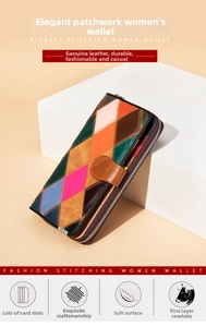 Gros plan d'un portefeuille en cuir véritable multicolore avec patchwork en losanges