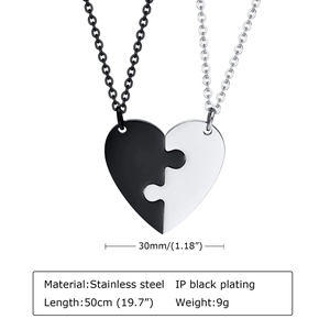 Detailed size chart for stainless steel heart puzzle necklace with IP black plating info