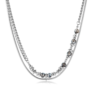 Silver double layer necklace with snake chain, Cuban links and hematite stones