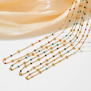 Ethnic candy-colored beaded necklace with gold-plated stainless steel chain and enamel drops
