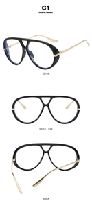Three-way view of pilot-style black frames with gold metal temples and clear lenses