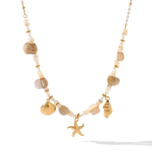 Bohemian gold starfish and shell beaded necklace for women with nautical summer style
