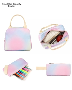 Detailed interior of gradient lunch bag with insulation and stationery pouch capacity