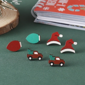 Christmas wooden stud earrings set with festive reindeer, hat and truck designs