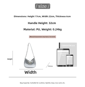 Detailed size chart for silver bow underarm bag showing dimensions and capacity
