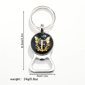Silver bottle opener keychain with butterfly and letter F pendant showing dimensions