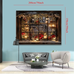 Detail view of 200x150cm Christmas tapestry featuring a cozy winter window snowy scene
