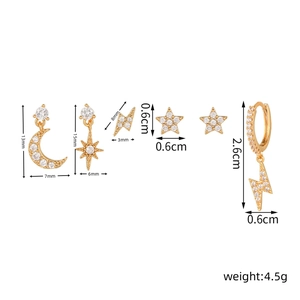 Detailed size specifications for 18K gold plated star and lightning zircon earring set