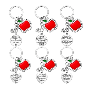 Stainless Steel Teacher Appreciation Keychain Red Enamel Apple Rhinestone Heart Pendant Thank You Gift For Teachers Day