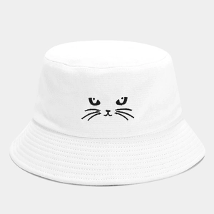 White bucket hat with black cat face embroidery for sun protection in summer