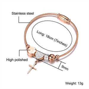 Rose gold stainless steel wire bracelet with zircon heart and cross pendant charms