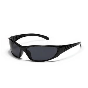 Y2K silver futuristic wrap-around sunglasses with a sleek black frame for outdoor sports